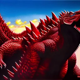 Drawing of ' Red Godzilla', painting by Earl Norem, simon Bisley,frazetta,西嘛哒, evan lee, Vallejo,kelly oil on canvas, cinematic composition, extreme detail,fit full head inside picture,8k