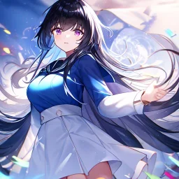 Clear focus, High resolution, Black long fluffy hair, purple eyes, wearing a sailor uniform, shattered rainbow in triagle formation, blue top, white skirt