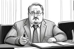 fat russian man sitting at desk, portrait, speech, nametag, glasses, goatee, short hair, mustache, suit; caricature style, sketch art; black and white; grayscale, pencil drawing