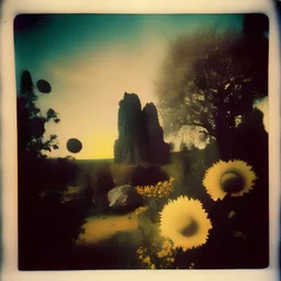 Polaroid photo of a peaceful marvelous landscape, trees, flowers, giant sun, very spooky figure, intricate, rock formations, atmosphere of a Max Ernst painting, Henri Rousseau, thoughtful, interesting, a bit appalling, smooth