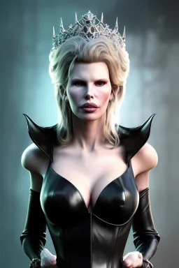 Kim Basinger as evil queen in black leather, busty, cleavage, curvy, angry, stern look. character design by cory loftis, fenghua zhong, ryohei hase, ismail inceoglu and ruan jia. unreal engine 5, artistic lighting, highly detailed, photorealistic, fantasy