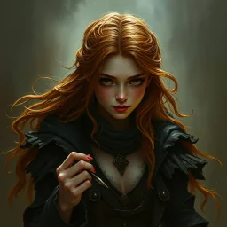 a pretty fantasy woman, loose ginger hair, young, plotting, dark fantasy art