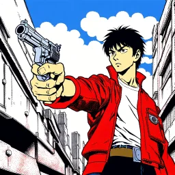 Shotaro Kaneda from Akira movie holds a revolver gun to his head.