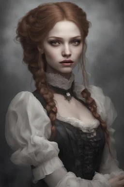 vampire Alexandra "Sasha" Aleksejevna Luss render eye candy style Artgerm Tim Burton, subject is a beautiful long ginger hair vampire with fangs biting a female's neck, romantic, close faces, bite, feed, victorian dress, victorian background style of in the Paris, 70mm, high detail, hyper detailed, photographic detail, UHD, unreal engine 5, headshot render, octane render, bokeh,