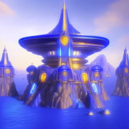 landscape of aztecan blue temple ambient beutiful villa white gold and neon lights bright and blue bright gloss effect of a futuristic house,like spaceship, natural round shapes concept, large transparent view of the open outdoor garden,sea beach,blue sky , gold crystals,with light blue, flowers of Lotus, beutiful pools, light of sun , palmiers,cerisiers en fleurs, wisteria, sun , stars, small waterfalls