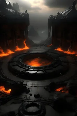 hellish plaza in hell with magical portals made of obsidian made for public transportation and transport for hellish goods