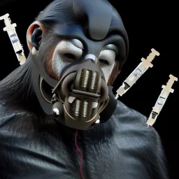 Ape earing Bane mask, visually stunning, trending on sci-fi forums and websites, explores the limits of technology and humanity, thought-provoking theme