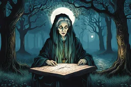 create a fine art print illustration of the spectral shade of an aged, emaciated 13th century Jewish female fortuneteller, clothed in an ornate but ragged bliaud with highly detailed feminine facial features, surrounded by ancient oak trees, in the old city of Krakow, shrouded in a fetid mist at midnight , in the comic book art style of Bill Sienkiewicz, and Jean Giraud Moebius, finely textured, drawn, colored, and inked