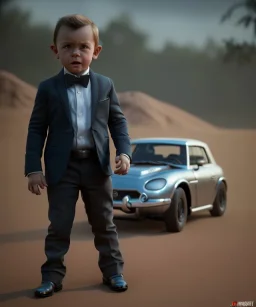 James bond toddler, full body, gun, car, dramatic lighting, hyper realistic