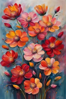 red, orange, yellow, pink flowers , detalied, extremely high textured, etheral stunning botanical theme, with five, very thick layers of paint, with some brush bristles