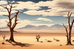 clouds, arid land, distant mountains, dry trees