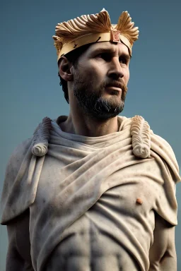 Ultra Realistic image, Roman sculpture, white marble material, Lionel Messi, gold crown of natural thorns, god crown, Renaissance style, sun rays background, waist up portrait, epic, celestial, cinematic lighting, God lights, 4k resolution, smooth details, soft lighting, unreal engine 5, art station, substance 3d.