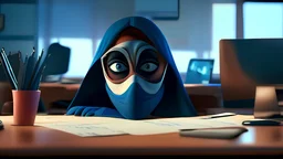 A woman with a mask over her mouth is sitting behind a desk in the middle with the upper half visible, her hands on the desk and she is looking at you, hyper realistic, 8k, ultra hd, pixar style, disney stile