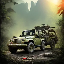 vietnam war. war report. jeep in jungle. poster. bokeh. lens flare. warm lights. high detailed