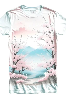 painting of a tranquil and beautiful scene featuring blooming cherry blossoms in soft pinks and whites, conveying the serenity of spring on a girl's long t-shirt.