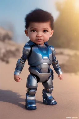 Zendaya toddler, robocop, full body, jump, bokeh, hyper realistic