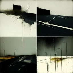 Minimal abstract oil paintings derived carpark with falling concrete fragments. style of Justin Mortimer and Phil Hale, Francis Bacon. Glitch road markings.