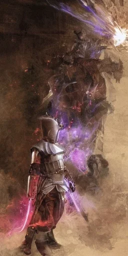 medieval Knight, violet color, sorcery, sparks, plasma, weapons, confident, proud, mist, high quality, hyper realistic