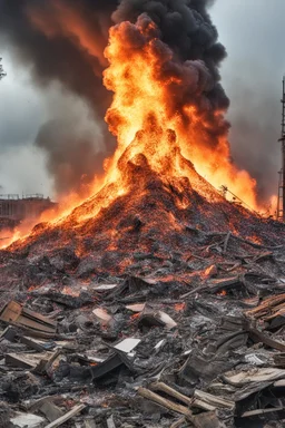 huge fire in a massive pile of debris