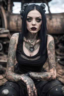 Closeup tall girl goth many tattoos on his face with big eyes, ragged clothes, sit pose,fullbody, dieselpunk, valves and old cars behind, the perspective looking up from the bottom of an empty well , 8k,macro photography,