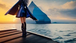 half body shot,realistic portrait of a 20-25 old caucasian model, long blue pink flowing hair, great grey eyes, blue leather jacket,full body, short white skirt,long legs,standing on deck of very big ship, beach of very nice lake with sunset ,clouds,godrayes