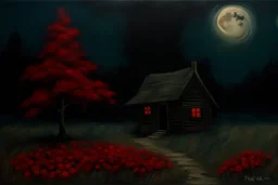 Creepy trees, creepy night, moon, cabin, red flowers, horror, philip wilson steer impresionism painting