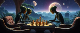 alien chess masters playing serious chess in lounge on beautiful lush planet