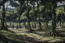 A forest with zombies within it. Tokyo Japan, Samurai.