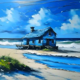 casa azul praia pintura oleo