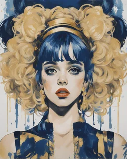 Poster in two gradually, a one side the Singer Danish MØ face, and other side the Singer Melanie Martinez face, symmetry, painting by Yoji Shinkawa, darkblue and gold tones,