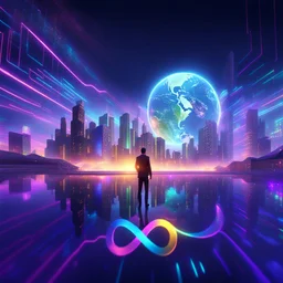 3D infinity symbol ∞, infinity figure-of-eight symbol is totally-symmetrical and brightly coloured, man silhouette facing epic scene of building, glowing earth, water, network and lights, exotic, inspiring, fantasy, neon, friendly, beautiful, octane render, 8k post-production, artstation: award-winning: atmospheric: commanding: fantastical: clarity: 16k: ultra quality: striking: brilliance: liquid medium: stunning colors: amazing depth; lens: f/8, 28mm