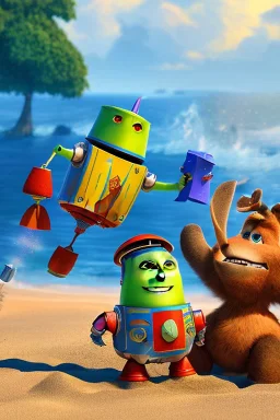 The robot and the moose on the beach happily making sandcastles in the sun, art by Pixar and Dreamworks