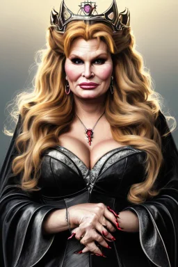 painting of jennifer coolidge as evil queen in black leather, feminie, angry, stern look on her face, volouptous, busty, cleavage, emperious, mature, highly detailed, digital painting, artstation, concept art, smooth, sharp focus, illustration, art by gaston bussiere and alphonse mucha