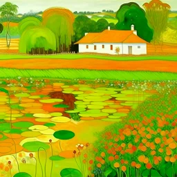 Orange Lily Pond Next to a Farmland panted by Gustav Klimt