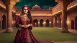 Hyper Realistic Beautiful Young Pashto Woman Wearing A Maroon Silk Frock With Detailed Golden Embroidery & Beads Work On It Happily Swirling Inside The Beautiful Courtyard Of A Traditional Mughal Fort Decorated With Lots Of Garland Lights At Dark Beautiful Night With Cloudy Full Moon On A Green Grass Showing Dramatic And Cinematic Ambiance.