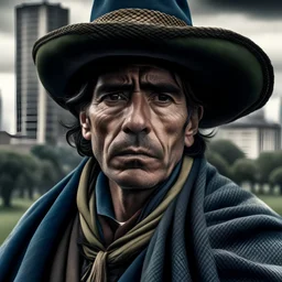 gaucho Martín Fierro con rostro sorprendido de frente con sombrero y poncho tradicional, fondo de ciudad Argentina, atmósfera melancólica