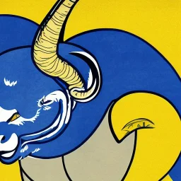 Ukiyo-e style illustration of blue and yellow Bighorn Ram holding a football