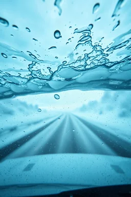 surreal road underwater seen through a dirty truck front window, dirty blue snow and wind