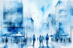 urban life and people art watercolor light soft monochromatic blue transparent