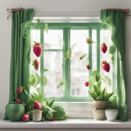 A window frame with green decorations, bright curtains and small dragon fruits on the windowsill, all on a light background that can be removed.