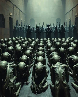 Bosch painting style ,nightmare, a lot of aliens prisoners sitting on the floor and bowing their heads down on the ground in rows with hands tight to the back and heads down in front of you with many arms guards with weapons in the background