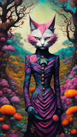 full body ink oil portrait of Tilda Swinton as an Evil Cheshire Cat , in a surreal Wonderland landscape with trees of strange shapes, and flowers of all kinds in the style of Max Ernst, Yves Tanguy, Zdzislaw Beksinski, and Ravi Zupa, highly detailed hair and facial features, in vibrant chromatic colors