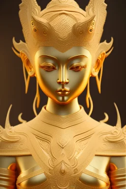 statue 3D Girl gold, Thai pattern, Thai dress, detailed pattern, pattern, template, prototype, weaving gold 4k golden face wing golden eyes