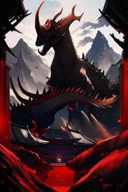 mountains, red and black, temple, dinosaur