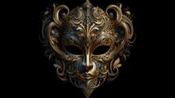 Ornate Venetian mask emerging from a dark background, rendered with the flowing elegance of Art Nouveau and digital brushwork mimicking enamel and metallic filigree.