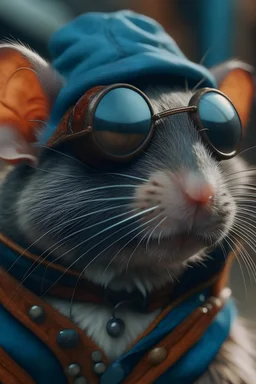 primer plano de una rata, usando anteojos, neopunk, en un ambiente festivo, al aire libre, vestida con ropa de humano