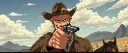 Magnus Carlson in the wild west looking cool with a revolver, anime style