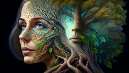 woman and tree mixed into one beautiful creature, intricate details, masterpiece, 3d, 64k, high resolution, high detail, computer graphics, hyperrealism, f/16, 1/300s. digital painting