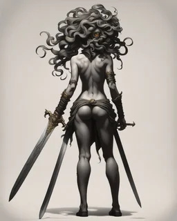 full-length, detailed persona, sword in hand, gorgon medusa, from the back, half turn