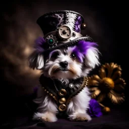 full body, Steampunk fluffy cute puppy, flower, purple black white, High resolution, top quality, sharp focus, 8k